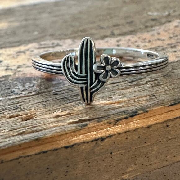 Cactus & Flower Dainty Sterling Silver Ring Sizes 4-10 Sterling Silver .925 - Picture 6 of 7
